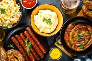 Oktoberfest food - sausage, beer and bretzel